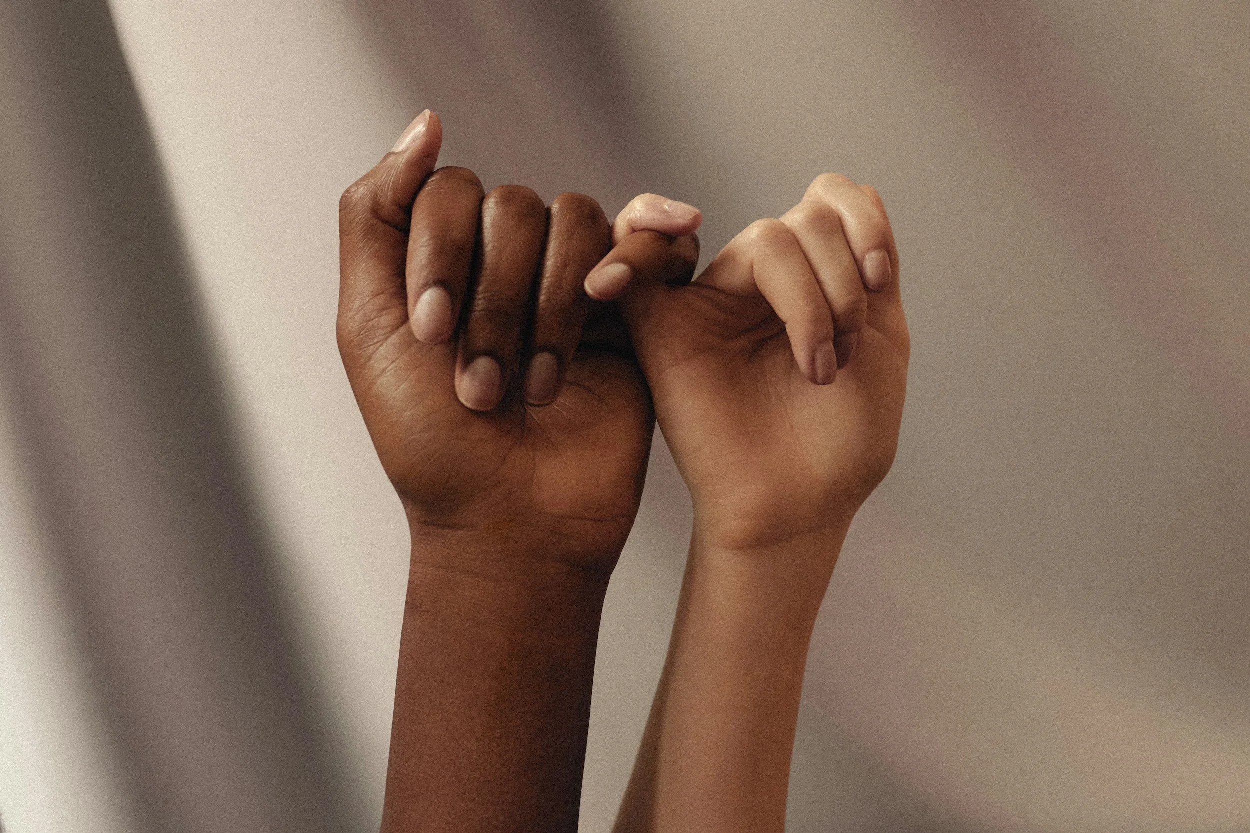 Two hands, one dark-skinned and one light-skinned, interlocked fingers in a show of unity.
